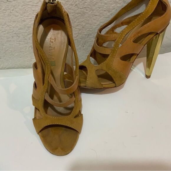 L.A.M.B. Tan Leather And Suede Strappy Sandals With Gold Heel Size 6 M - Picture 4 of 15